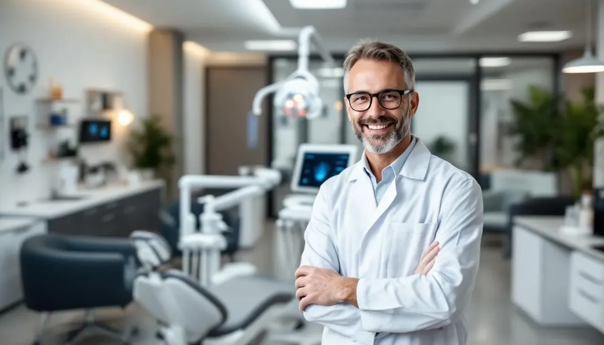 Smiling dentist in glasses and a white coat stands with arms crossed in a modern dental office full of equipment