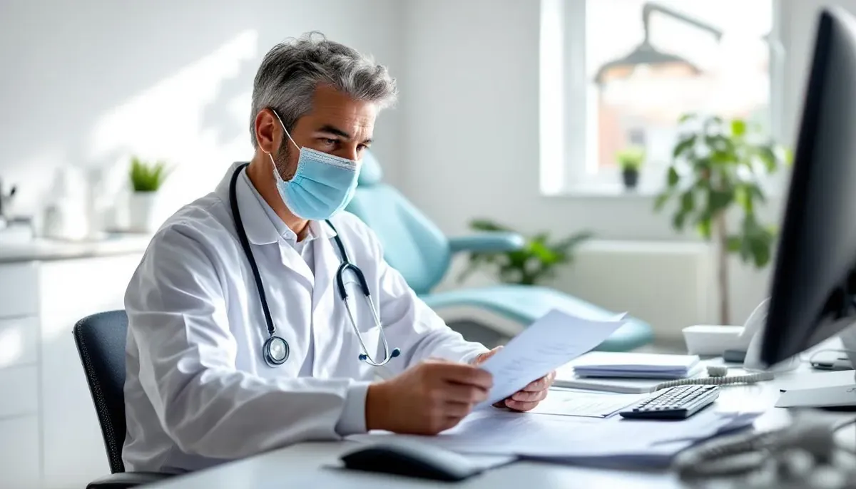 Masked dentist in a white coat reading documents at his desk with a dental chair behind him, for dentist business loan FAQs