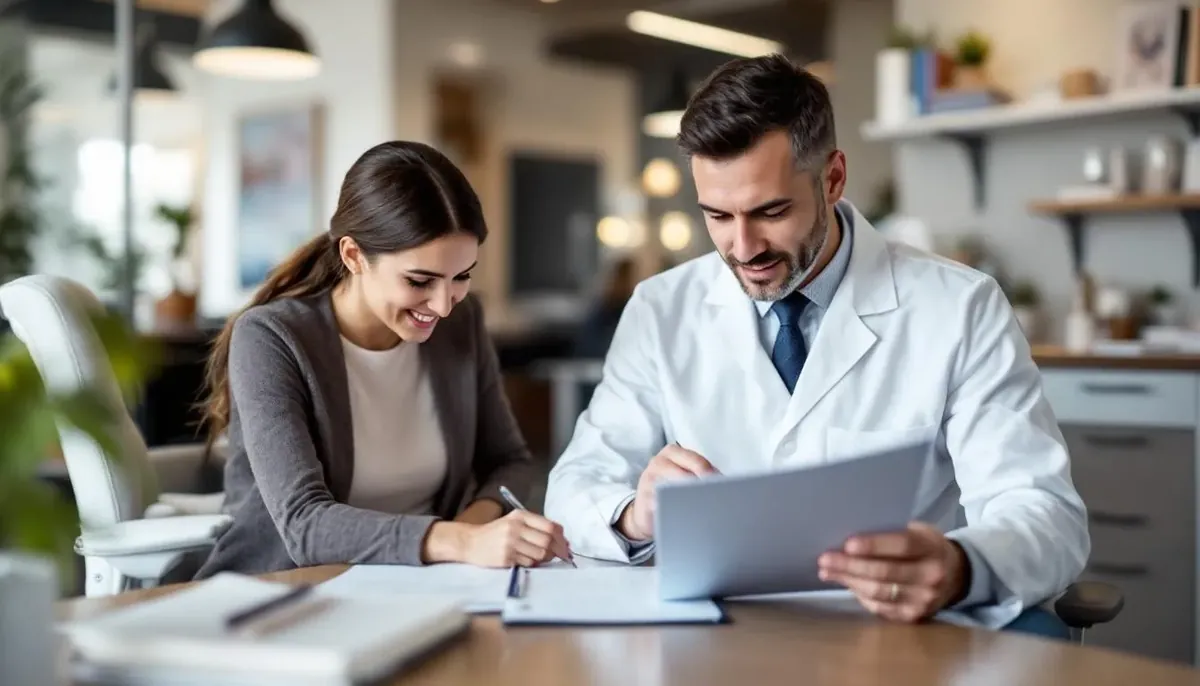 Dentist in a white coat reviewing paperwork with a smiling woman at a table, discussing financing for a dental practice
