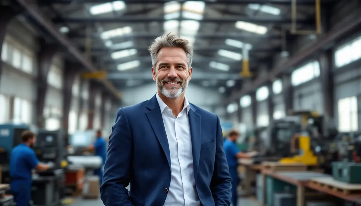 Smiling man in a blue blazer stands on a factory floor with workers and machines, his bad credit equipment financing secured