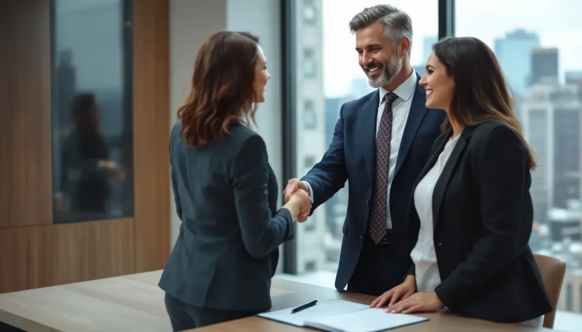 Smiling broker in a suit shaking hands with a businesswoman across a table in a high-rise office as a colleague looks on