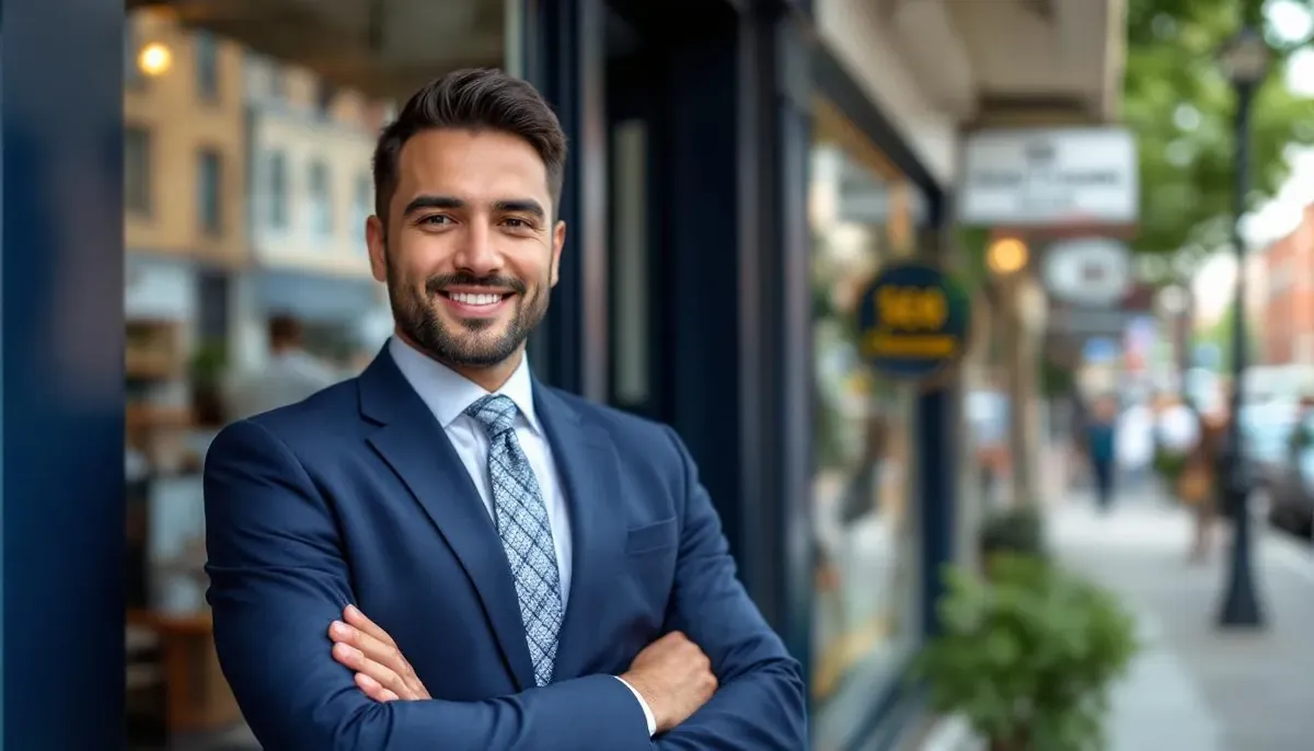 Smiling man in a navy suit with arms crossed stands outside a storefront, comfortable drawing cash from his credit line