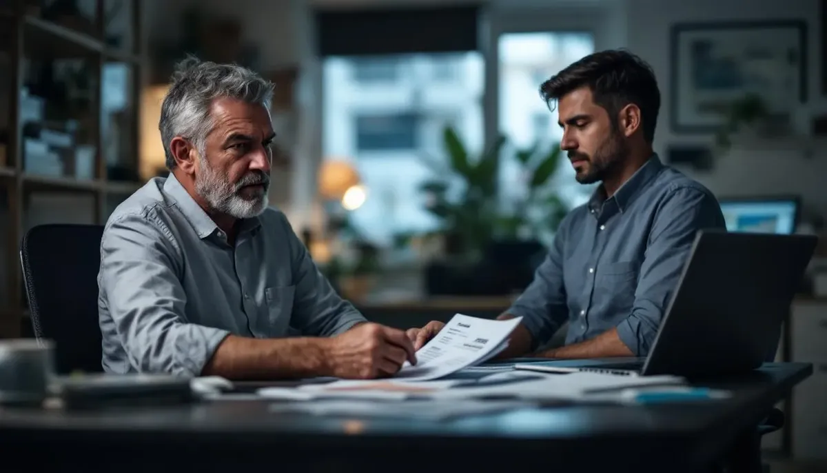 Concerned older man reviews a document with a younger colleague at a desk, weighing equipment financing with bad credit