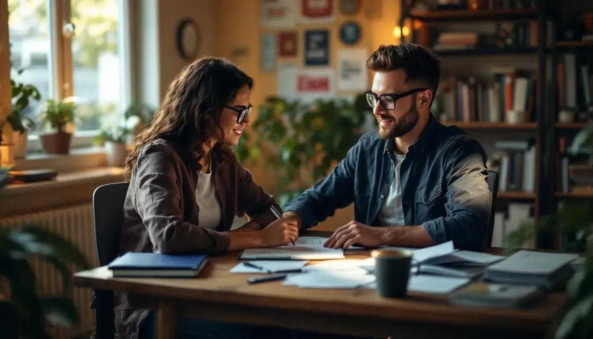Man and woman in glasses review paperwork together at a desk in a cozy office, going over how a business line of credit works