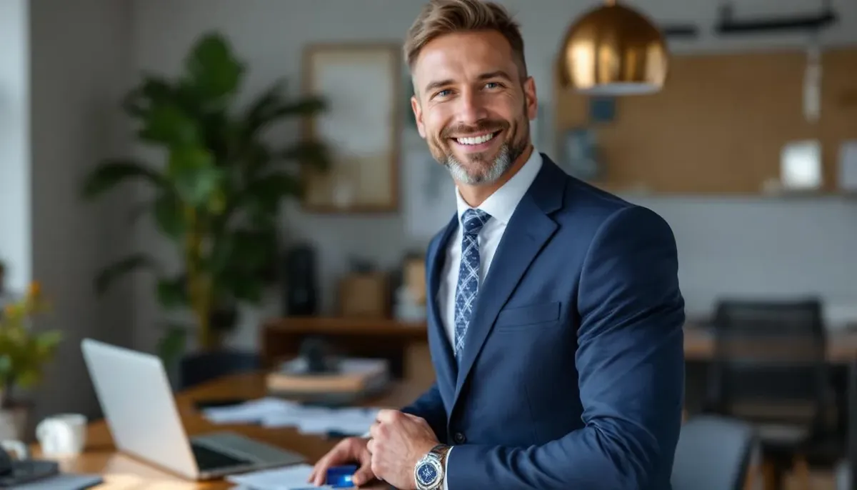 Smiling man in a navy suit and patterned tie stands by a laptop in his office, closing the warehouse club card comparison