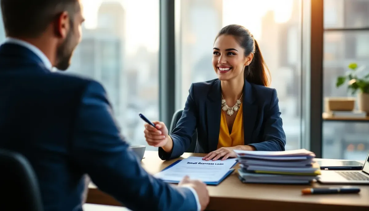 Smiling businesswoman with a pen across a desk from a lender, a small business loan application and files in front of her