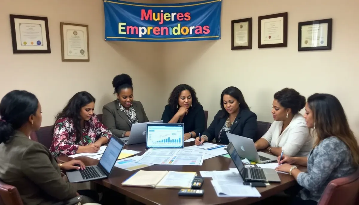 Group of women around a conference table with laptops and paperwork under a Spanish-language banner, discussing tax benefits