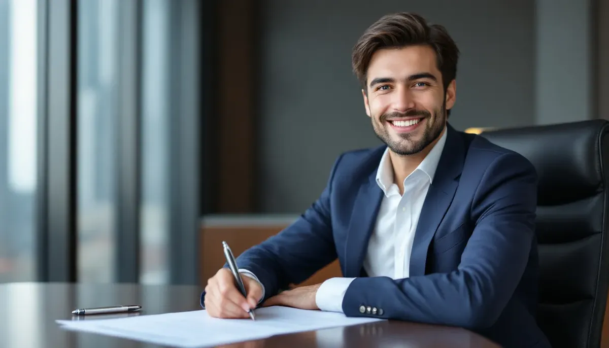 Smiling young man in a navy suit signing papers at a desk in an office, starting out as a business loan broker